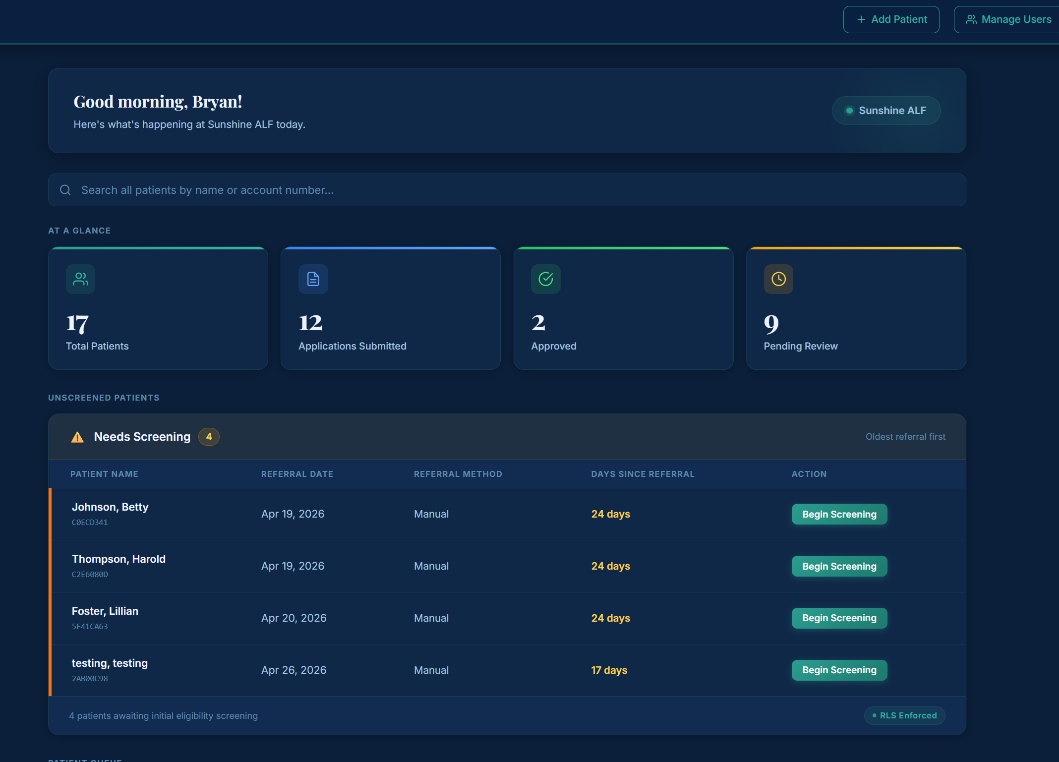 MediEnroll AI Navigator Dashboard — at-a-glance patient pipeline