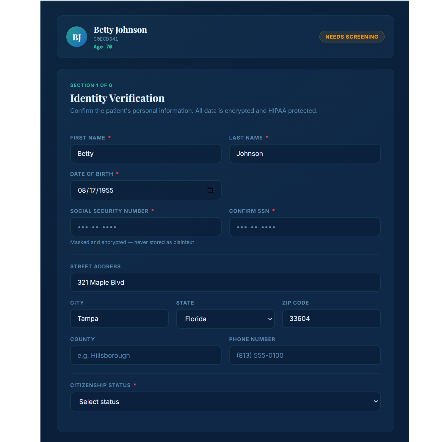 MediEnroll AI Identity Verification — Step 1 of 8 guided HIPAA-protected intake