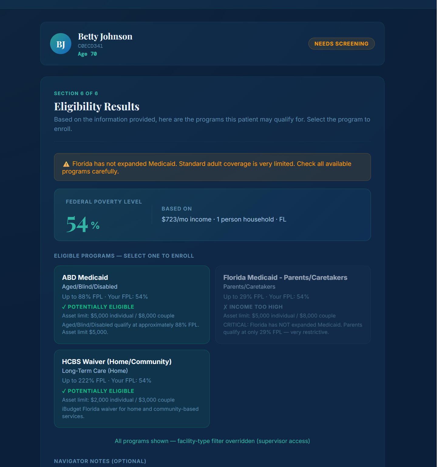 MediEnroll AI Eligibility Results with program recommendations