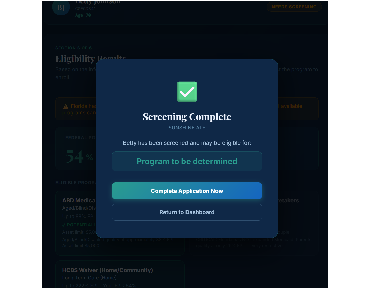 MediEnroll AI Screening Complete confirmation modal